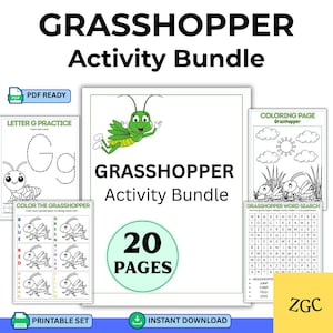 May include: A printable grasshopper activity bundle with 20 pages. The bundle includes colouring pages, a word search, and letter practice. The cover features a green grasshopper illustration and the text "GRASSHOPPER Activity Bundle".