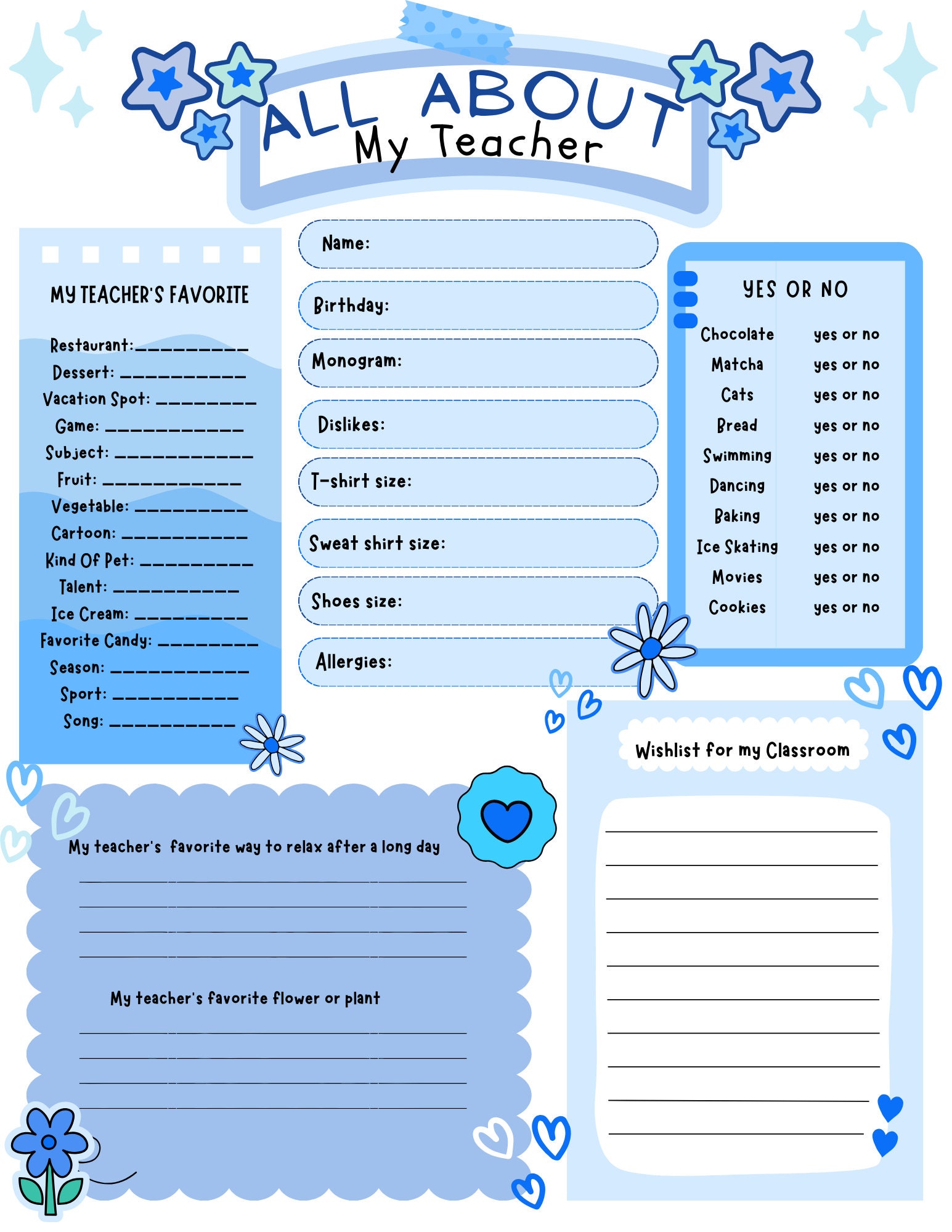Get to Know the Teacher Questionnaire, Two Meet the Teacher Templates ...