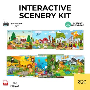 Kit de atividades para construção de cenários, recorte e colagem para pré-escola, desenvolvimento da coordenação motora fina em crianças pequenas (download digital)