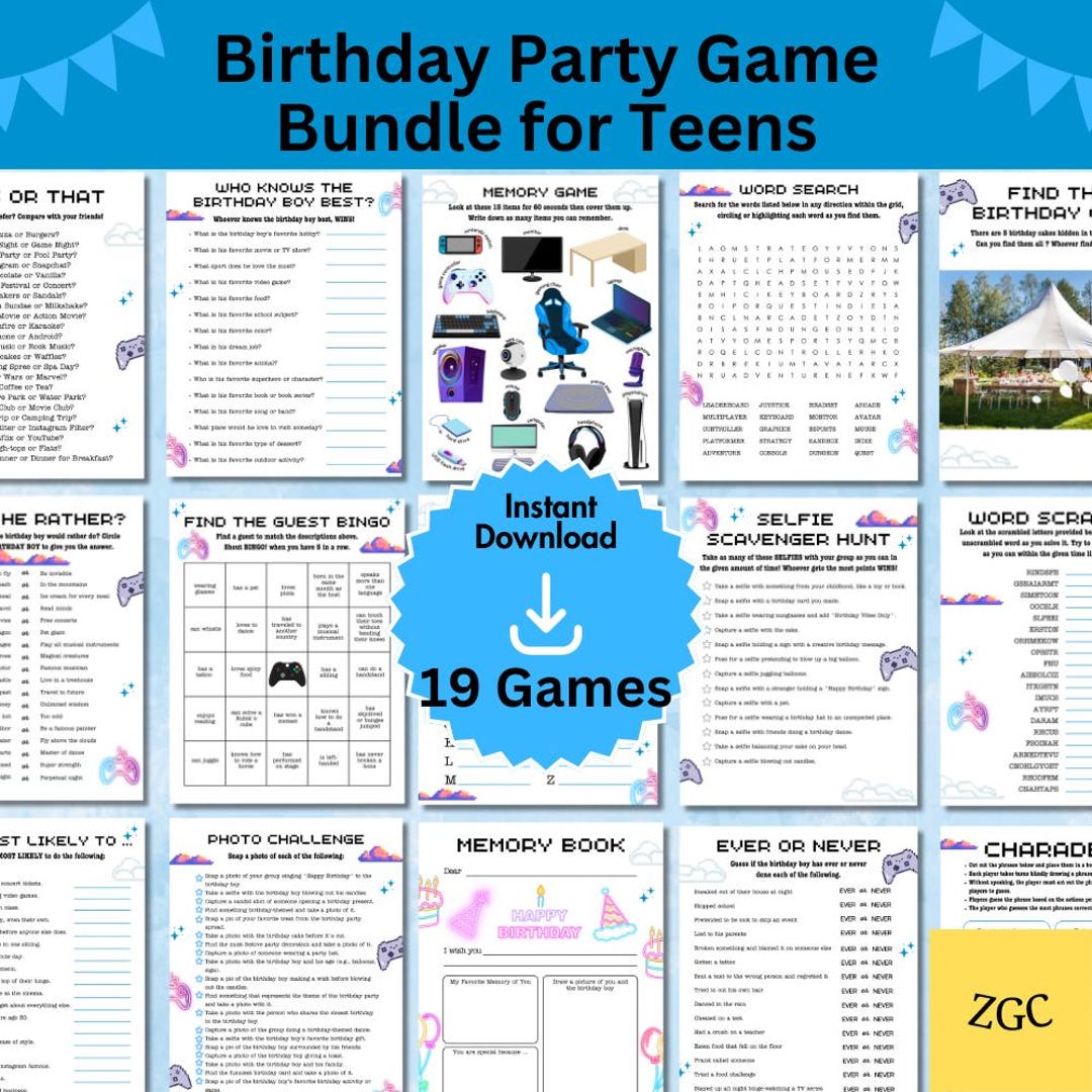 Printable Games for Teenage Boys' Birthday Party, Fun Challenges, Teen