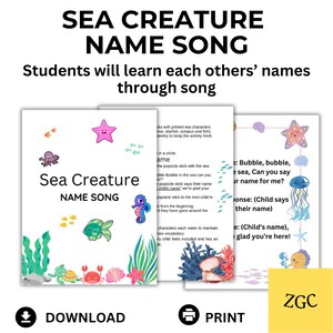 Pode incluir: Um recurso educacional colorido intitulado "Sea Creature Name Song" com ilustrações de criaturas marinhas. O design inclui as palavras "Download" e "Imprimir".