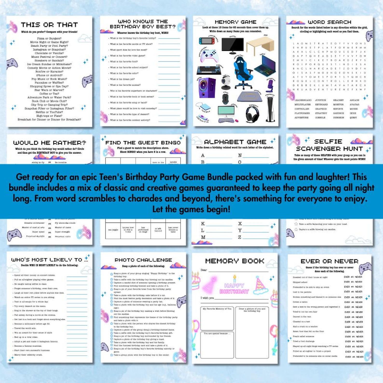 Printable Games for Teenage Boys' Birthday Party, Fun Challenges, Teen
