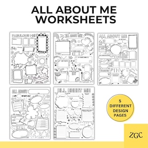May include: Black and white "All About Me Worksheets" with fill-in-the-blank sections. The worksheets have various designs, including spaces for drawings and personal information. The image also includes the text "5 Different Design Pages."
