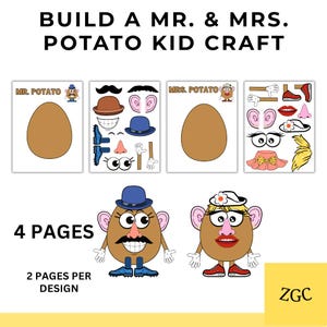 Può includere: Un kit per l'artigianato con il testo "BUILD A MR. & MRS. POTATO KID CRAFT." Il kit include quattro pagine con corpi a forma di patata e vari accessori per creare i personaggi di Mr. e Mrs. Potato Head. Il kit ha 2 pagine per design.