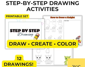 May include: A printable set of step-by-step drawing activities featuring 12 drawings. The pages include text reading HOW TO DRAW FOR KIDS STEP-BY-STEP DRAWING ACTIVITIES, STEP BY STEP Drawing, DRAW CREATE COLOR, and How to Draw a Knight with illustrations.