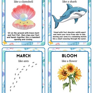 May include: Four illustrated cards with instructions for children's activities. The cards include the words "CLAP," "TWIST," "MARCH," and "BLOOM." Each card features a colorful illustration and a short description of the activity.