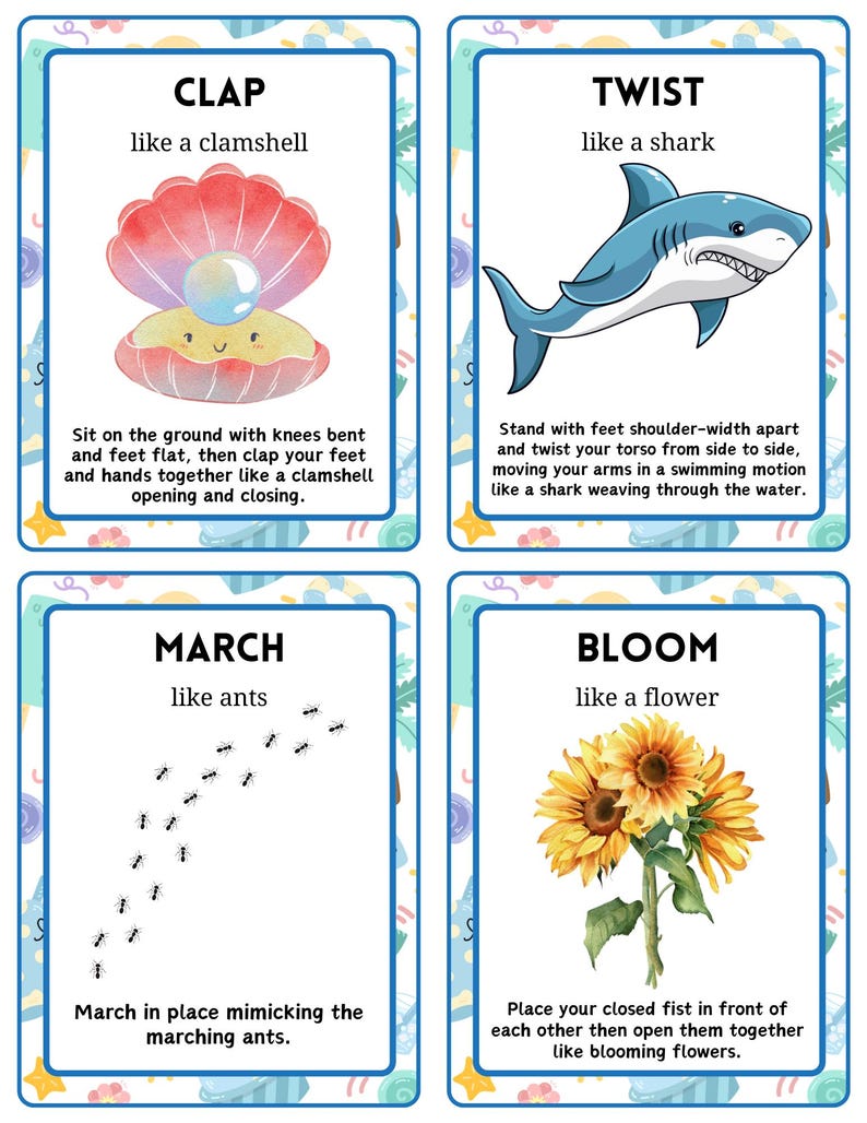 May include: Four illustrated cards with instructions for children's activities. The cards include the words "CLAP," "TWIST," "MARCH," and "BLOOM." Each card features a colorful illustration and a short description of the activity.