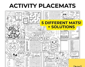 May include: Five black and white Halloween activity placemats featuring coloring sections, word searches, mazes, dot-to-dot puzzles, and jokes. The sheets include text such as HALLOWEEN ACTIVITY PLACEMATS, TRICK OR TREAT, HAPPY HALLOWEEN, and 5 DIFFERENT MATS! + SOLUTIONS.