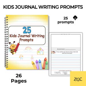 Pode incluir: Um diário com espiral com o texto "Kids Journal Writing Prompts" e "25 prompts". A capa apresenta uma abelha de desenho animado com um lápis, um arco-íris e uma casa. O diário tem 26 páginas.