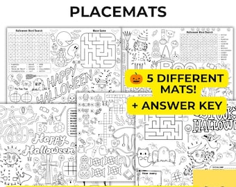 May include: A set of five black and white Halloween activity placemats featuring word searches, mazes, dot-to-dot puzzles, and crossword games. The sheets include illustrations of ghosts, pumpkins, bats, and the text Happy Halloween.