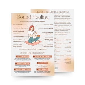 Peut inclure: Une affiche beige intitulée "Sound Healing" avec une illustration d'une personne méditant avec un bol chantant. L'affiche détaille les bienfaits de la guérison par le son et des instructions sur l'utilisation des bols chantants.