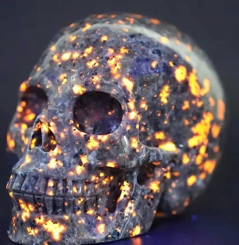 May include: A detailed skull sculpture carved from a dark blue stone with a speckled pattern of bright orange and yellow flecks.