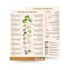 Puede incluir: Dos gráficos de aromaterapia beige con la palabra "AROMATERAPIA" en la parte superior. Los gráficos presentan ilustraciones de hierbas y plantas, con texto que describe sus usos. La parte inferior del gráfico tiene un borde marrón con texto y un código de barras.