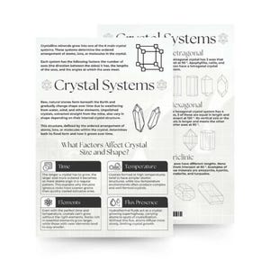 May include: Two white cards detailing crystal systems, featuring text and diagrams. The cards explain factors influencing crystal size and shape, such as time, temperature, elements, and flux presence. Diagrams illustrate various crystal forms.