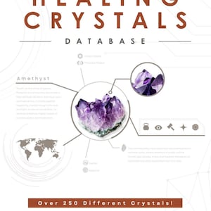 May include: A graphic with the text "Healing Crystals Database" and an image of an amethyst crystal. The graphic includes information about the crystal, including its properties and uses. The text "Over 250 Different Crystals!" is also included.