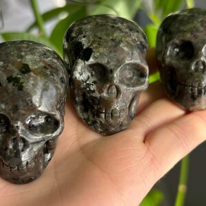 May include: Three black and grey gemstone skull sculptures. The skulls are carved from a dark grey stone with flecks of silver and black.