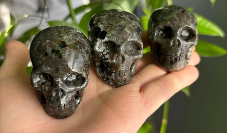 May include: Three black and grey gemstone skull sculptures. The skulls are carved from a dark grey stone with flecks of silver and black.