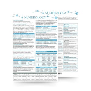 May include: A white numerology chart with blue accents and text. The chart includes sections on life path numbers, destiny numbers, and soul urge numbers. It also features a color, metal, and crystal harmony chart.