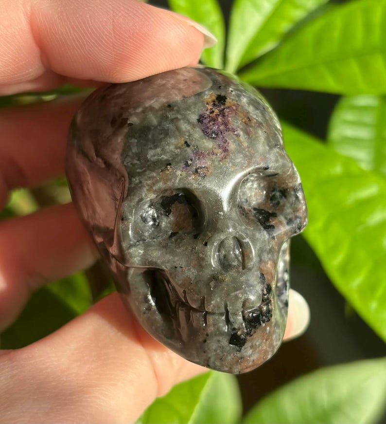 May include: A black and grey crystal skull with purple and white flecks. The skull is carved from a natural stone and has a detailed design.