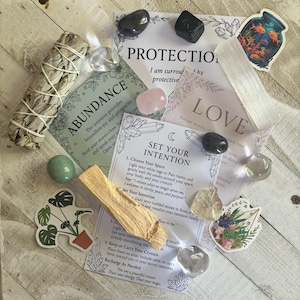 Manifestation Ritual Kit -Love, Abundance, or Protection, Crystal Cleansing Box with Sage, Palo Santo, Selenite, Tumbled Stones