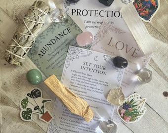 Manifestation Ritual Kit -Love, Abundance, or Protection, Crystal Cleansing Box with Sage, Palo Santo, Selenite, Tumbled Stones