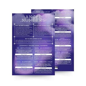 May include: Two purple and white informational posters titled "Angel Numbers." The posters feature text about angel numbers, including their meaning and how they work. The posters also list commonly known angel numbers.