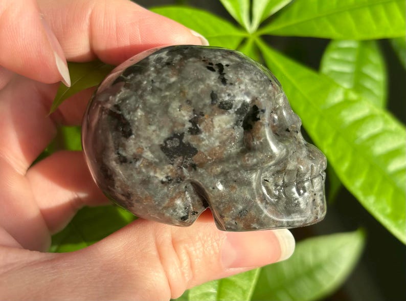May include: A black and grey speckled stone skull, carved in the shape of a human skull.