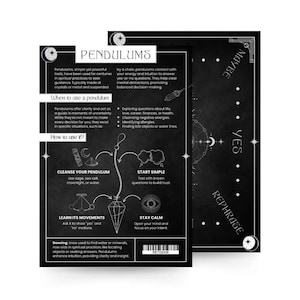 Puede incluir: Una tarjeta informativa en blanco y negro sobre péndulos. La tarjeta incluye texto sobre cómo usar un péndulo, con ilustraciones y las palabras "PENDULUMS", "YES" y "MAYBE".