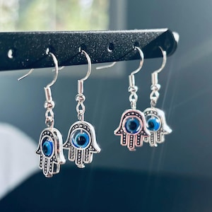 Evil Eye Hamsa Hand Earrings | White Gold Hooks | Spiritual Protection Jewelry | Handmade Talisman Gift | Blue Ceramic Evil Eye