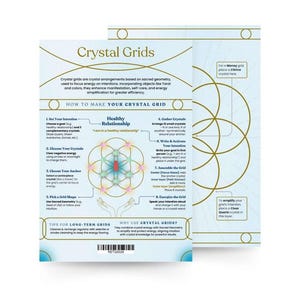 May include: Two cards titled "Crystal Grids" providing guidance on crystal grid creation and use. The cards feature text, diagrams, and illustrations, including a central geometric design and the words "Healthy Relationship".