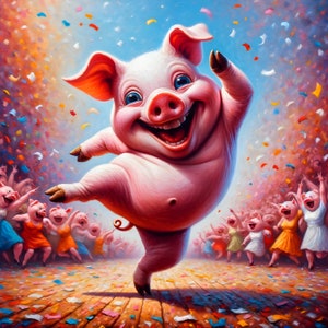 Descarga digital del cartel de impresión de cerdo bailando imprimible para lienzo de póster u otros materiales imprimibles