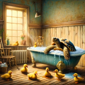 Könnte beinhalten: Eine große Schildkröte genießt ein Bad in einer blauen Badewanne mit gelben Gummienenten. Die Badewanne befindet sich in einem Badezimmer mit Holzvertäfelung und einem Fenster mit Blick nach draußen.