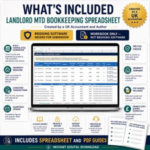 May include: A digital landlord MTD bookkeeping spreadsheet displayed on a laptop screen. The interface shows quarterly updates, property registers, and transaction logs. Includes PDF guides for UK tax compliance, emphasizing that bridging software is required.