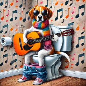 Dog on toilet with guitar funny bathroom print dog with sunglasses funny dog print, dog cute picture digital print your way