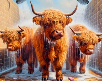 Lienzo para baño con vacas de las tierras altas en la ducha, impresión para baño, regalo divertido para el baño, regalo de vacas de las tierras altas, descarga digital imprimible