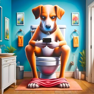 電話中の犬のバスルームプリントポスターデジタルダウンロードポスターキャンバスまたはその他の印刷可能な素材に印刷可能