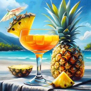 Puede incluir: Un vaso de zumo de naranja con cubitos de hielo, una piña y una rodaja de piña sobre una superficie blanca. El fondo es una escena de playa con agua azul y palmeras.