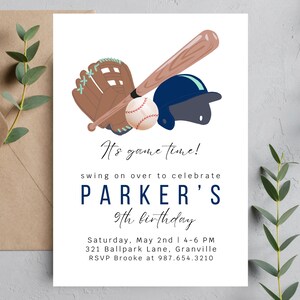 May include: Baseball themed birthday party invitation with a brown bat, a blue baseball cap, a brown baseball glove, and a white baseball. The text reads "It's game time! swing on over to celebrate PARKER'S 9th birthday Saturday, May 2nd | 4-6 PM 321 Ballpark Lane, Granville RSVP Brooke at 987.654.3210"