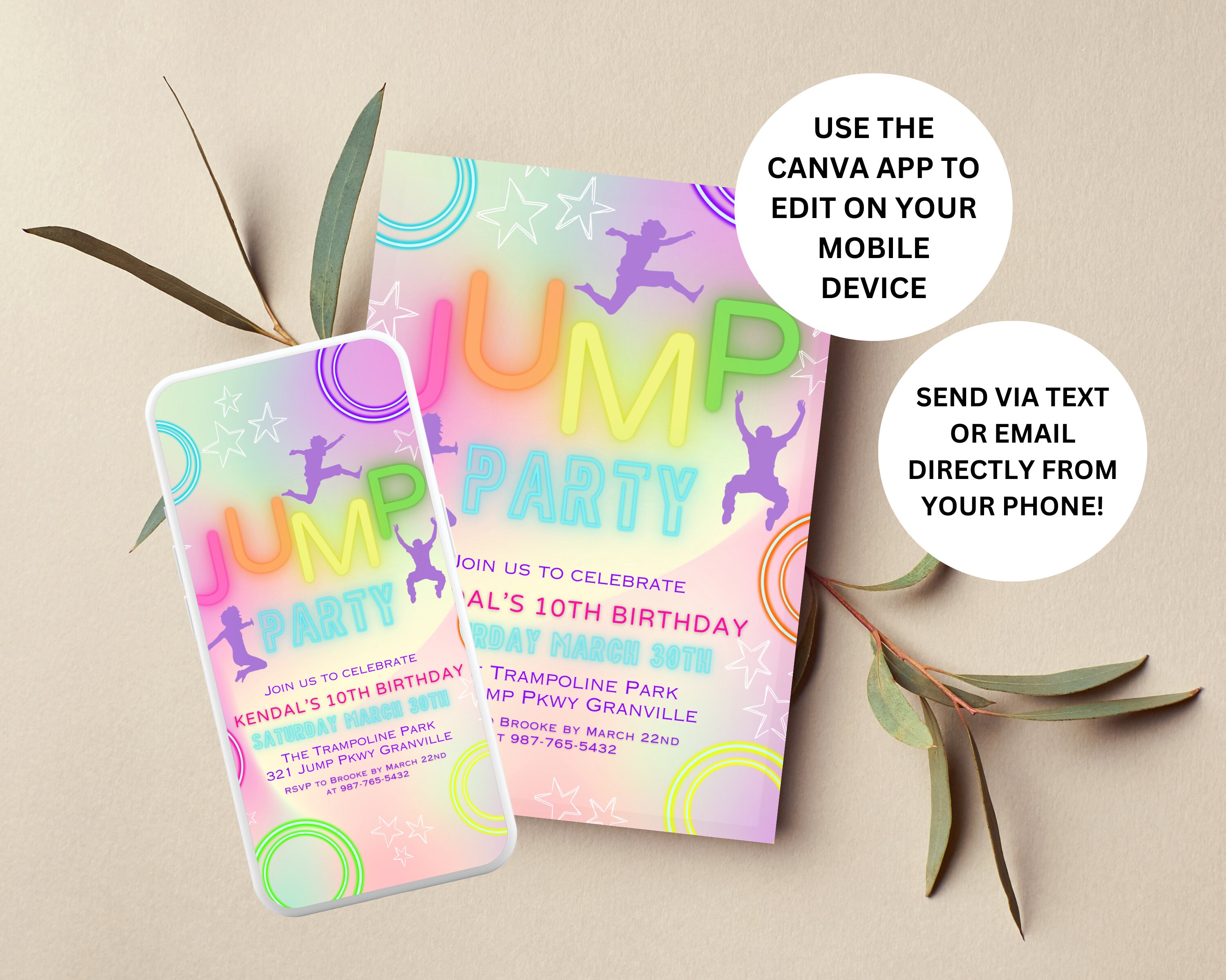Editable Neon Rainbow Jump Party Printable Birthday Invitation Template ...