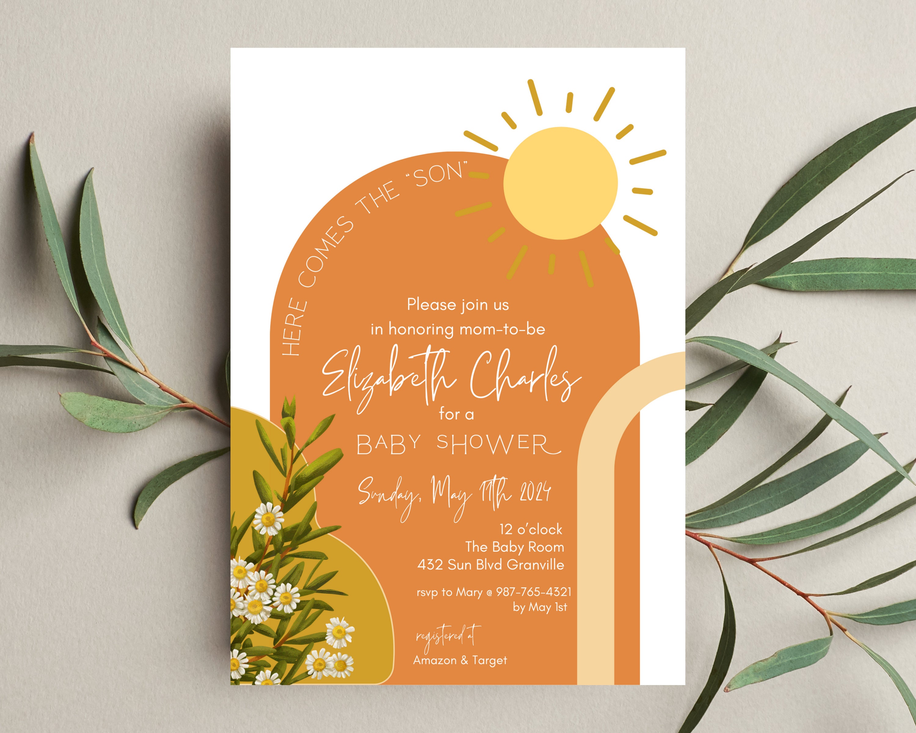 Editable Here Comes the son Baby Shower Invitation Printer and Mobile