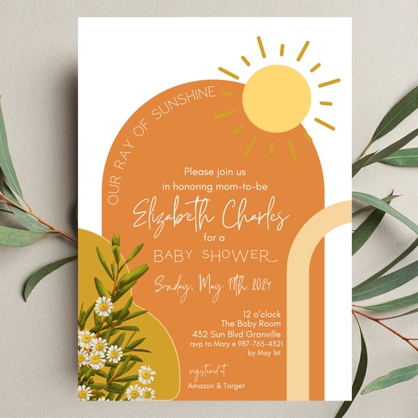 Editable Our Ray of Sunshine Baby Shower Invitation