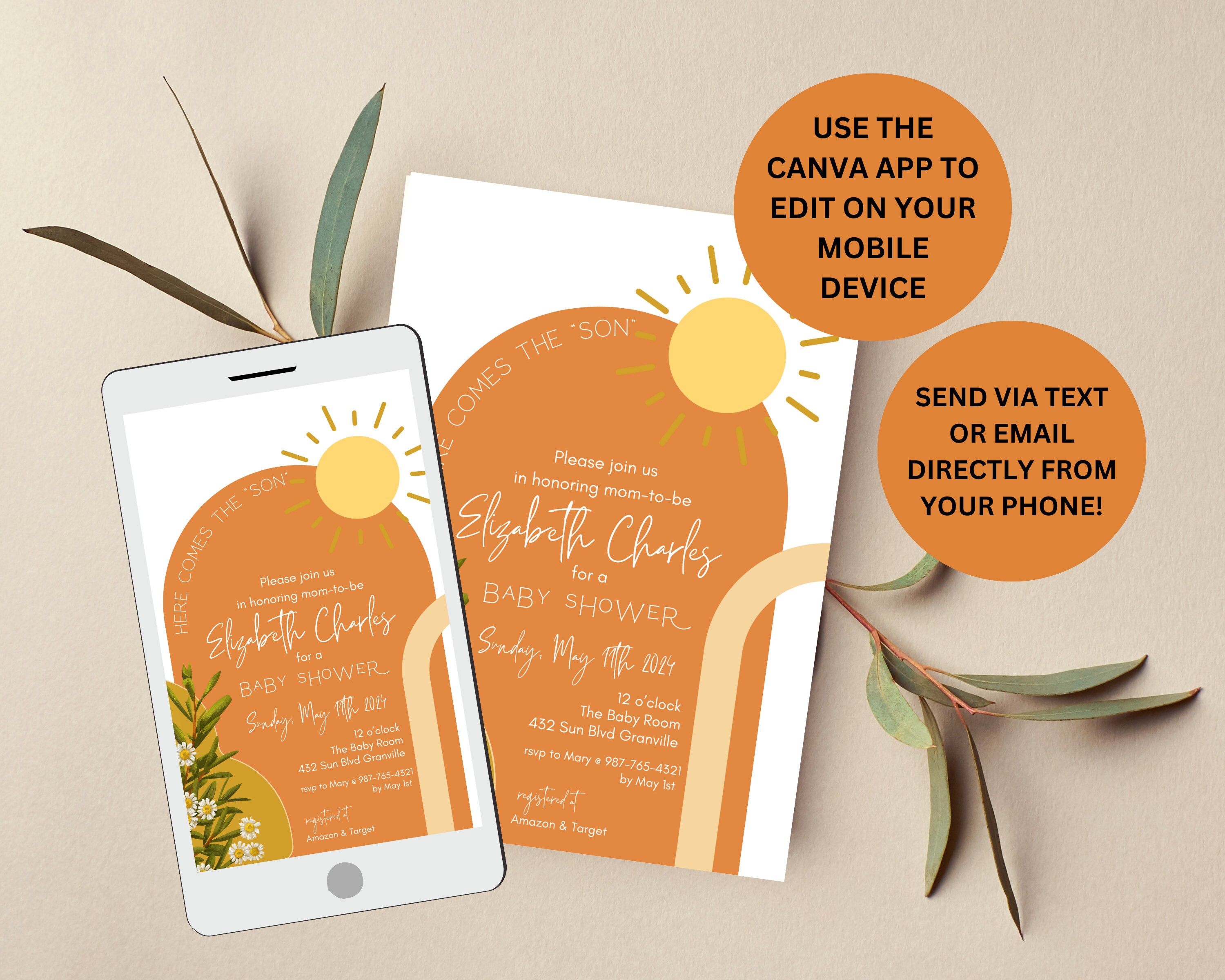 Editable Here Comes the son Baby Shower Invitation Printer and Mobile