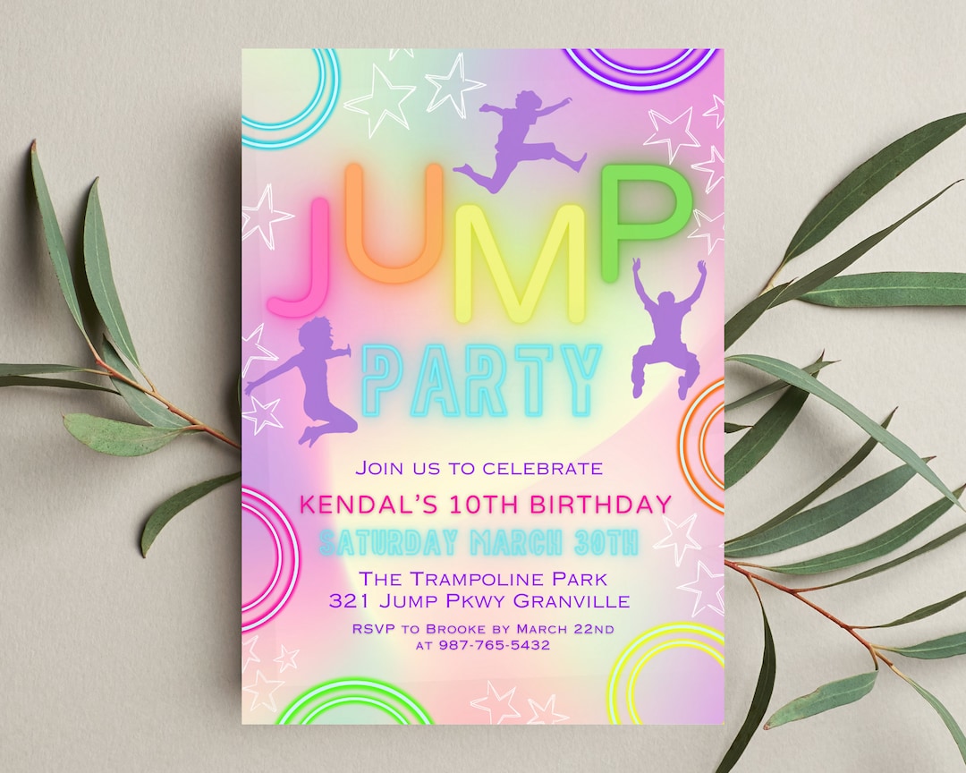 Editable Neon Rainbow Jump Party Printable Birthday Invitation Template ...