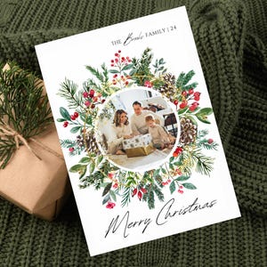 Aanpasbare kerstkrans familiefoto kerstkaart - digitale download voor e-mail en tekst