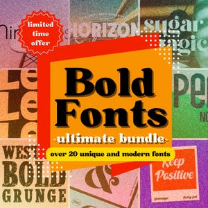 Op de afbeelding: Een collage van kleurrijke afbeeldingen met gedurfde lettertypen. De tekst "Bold Fonts - ultimate bundle - over 20 unique and modern fonts" wordt in het midden van de afbeelding weergegeven.