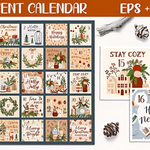 Calendario de Adviento de Navidad / 25 tarjetas festivas de cuenta regresiva y archivos vectoriales editables / JPG, PDF, EPS / Decoración navideña imprimible