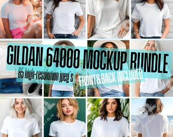 May include: A mockup bundle of 85 high-resolution images featuring a white Gildan 64000 t-shirt in various poses and settings. The text "GILDAN 64000 MOCKUP BUNDLE" and "85 high-resolution jpeg's FRONT & BACK INCLUDED" is displayed on the image.