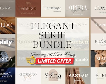 May include: An image showcasing an "Elegant Serif Bundle" of fonts, including 26 font families. The design features various font styles with names like "Nigma", "Faberge", and "Hermitage". A "Limited Offer" banner is also present.