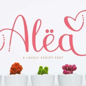Può includere: Un font script rosa chiamato "Aléa" con due cuori su entrambi i lati del testo. Il testo dice "Un font script delizioso".