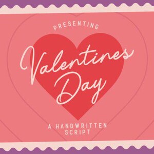Könnte beinhalten: Eine Grafik zum Valentinstag in Rosa und Rot mit einem großen roten Herzen und dem Text "Presenting Valentine's Day A Handwritten Script".